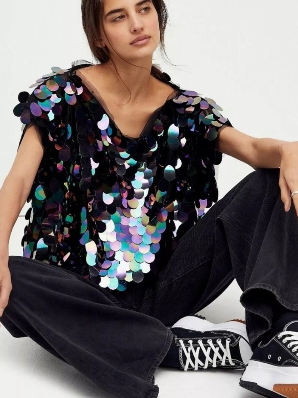 Free People Shimmy Shimmy Black Iridescent Sequin Mesh Top